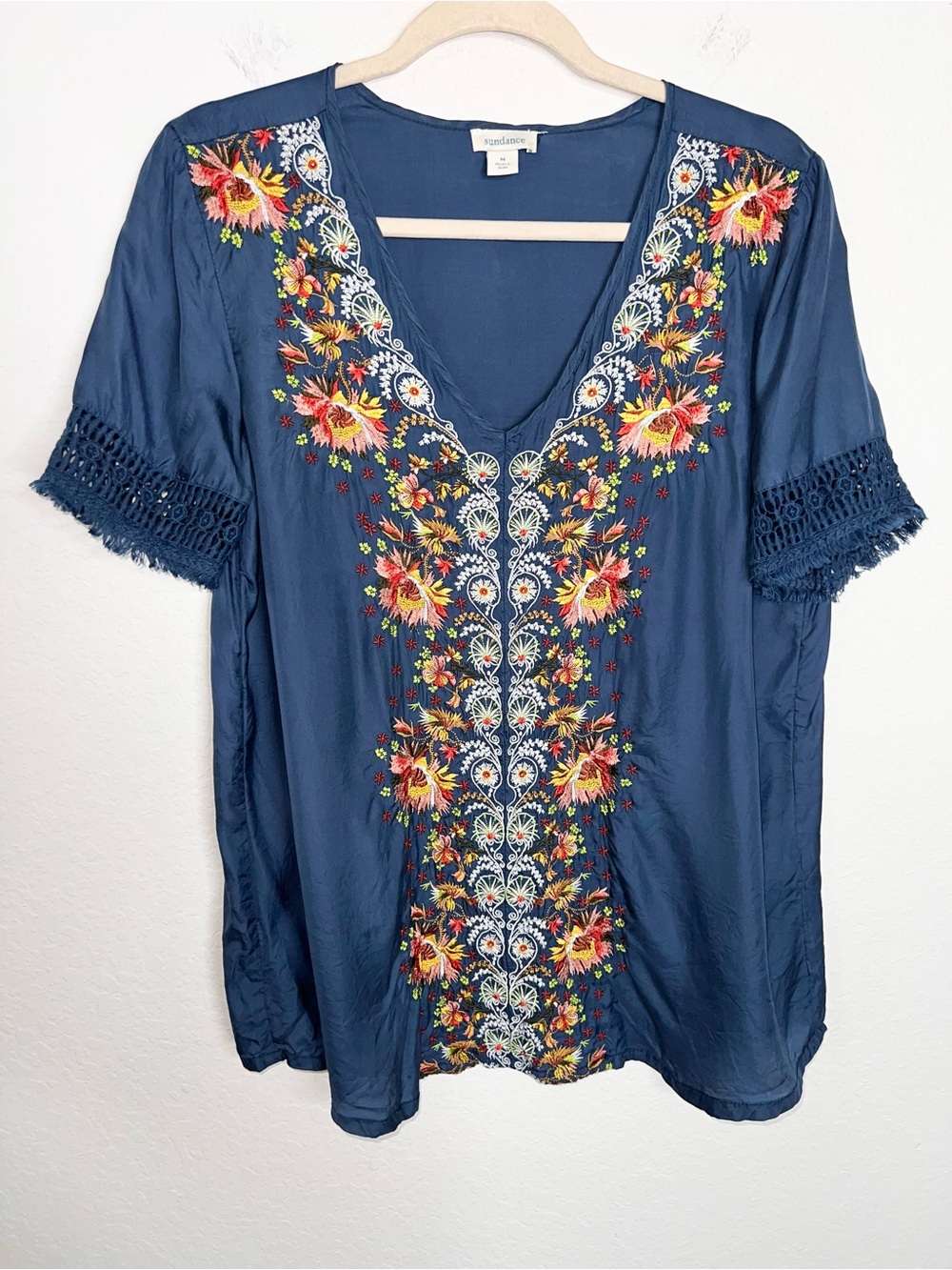 Sundance Top Women's Medium Blue Cupro Embroidered Tunic Boho Lace Trim Shirt